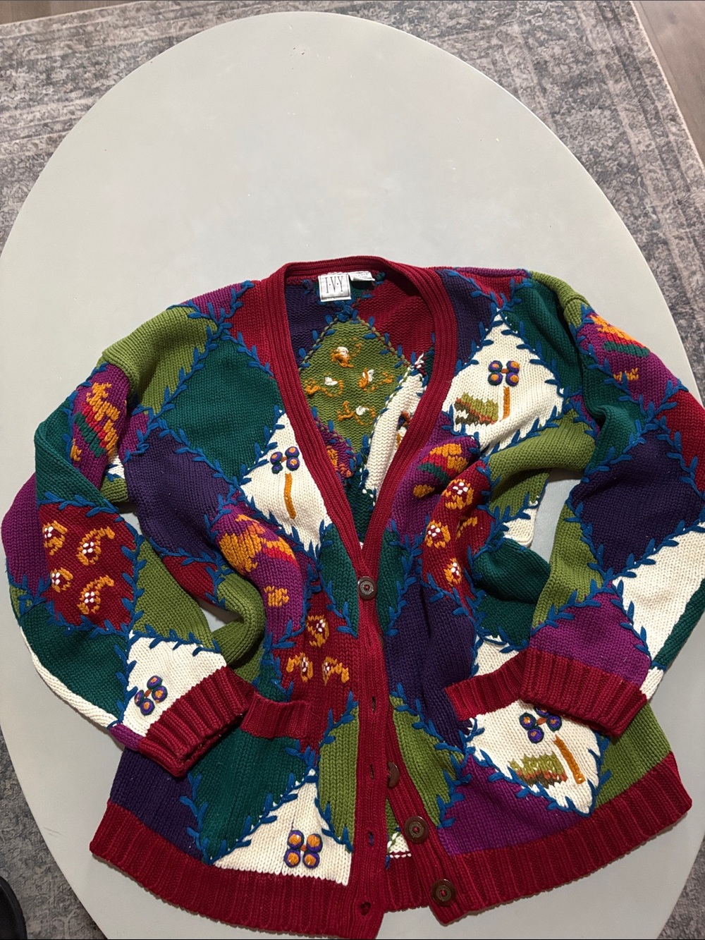 Vintage Style Granny Chic Multicolor Patchwork Cardigan Sweater - burgundy Trim